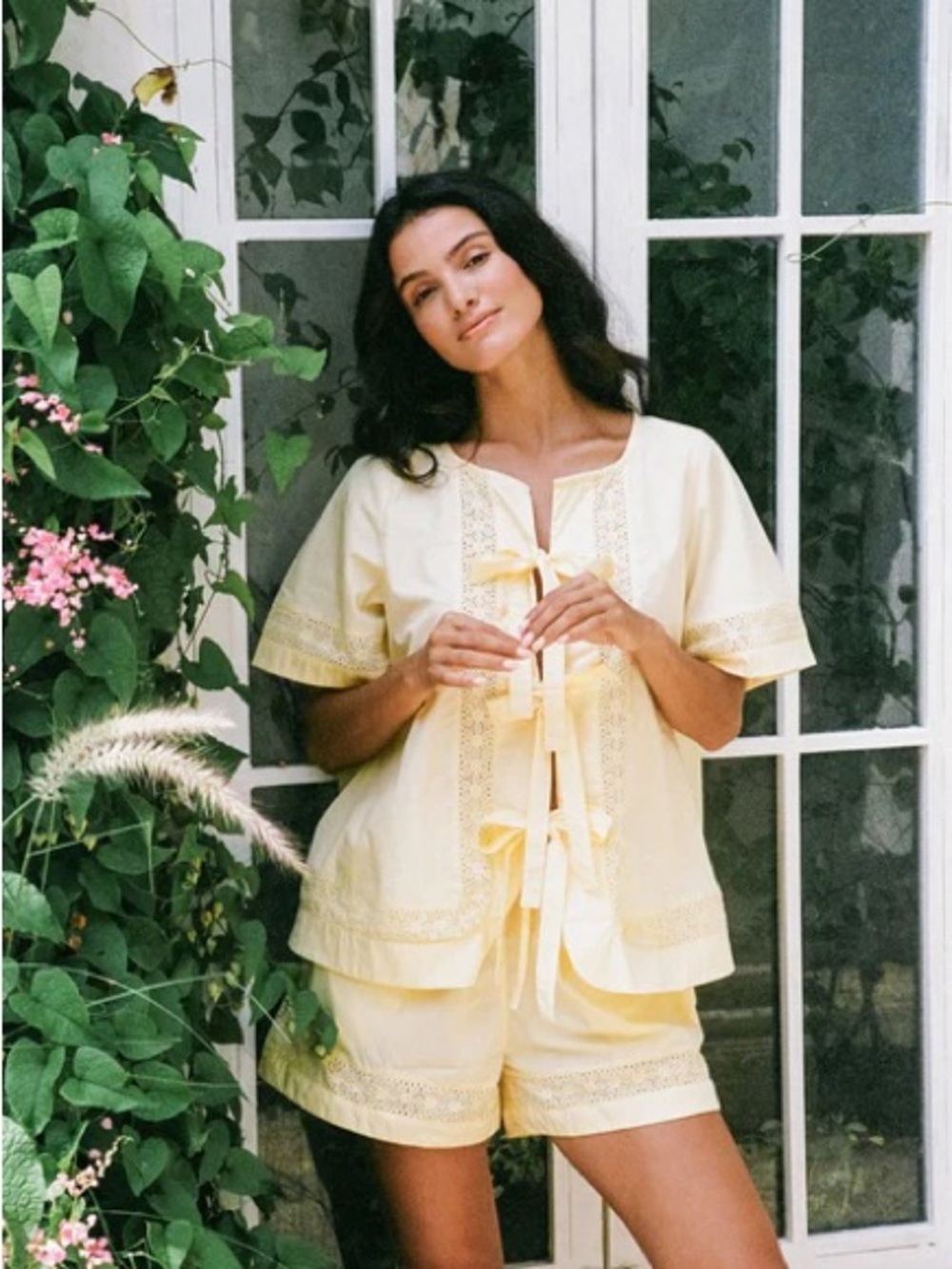 Piyama Giselle Lounge Set - Buttercup: Eyelet Tie-Front Top & Shorts